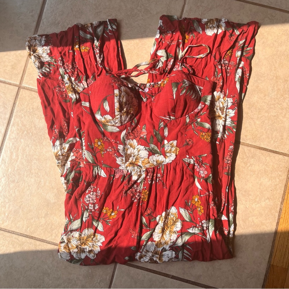 Red orange jumpsuit with floral print